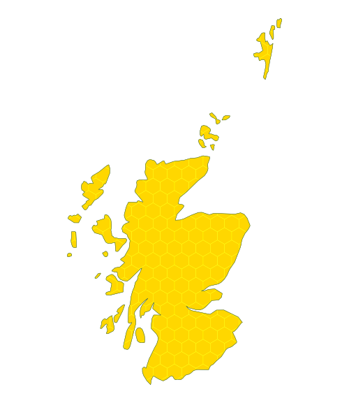 A map of Scotland where the land is coloured yellow inside hexagons to look like honeycomb inside a beehive.